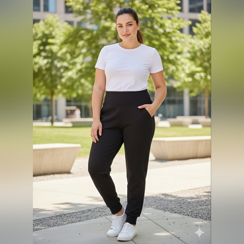 ASSETS SPANX L Black Ponte Shaping Jogger Pants High Rise Tummy Control